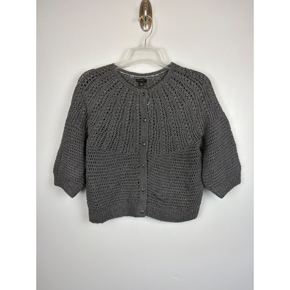Ann‎ Taylor Gray Merino Wool Crochet Cardigan Medium Jewel Button Up Velvet Trim